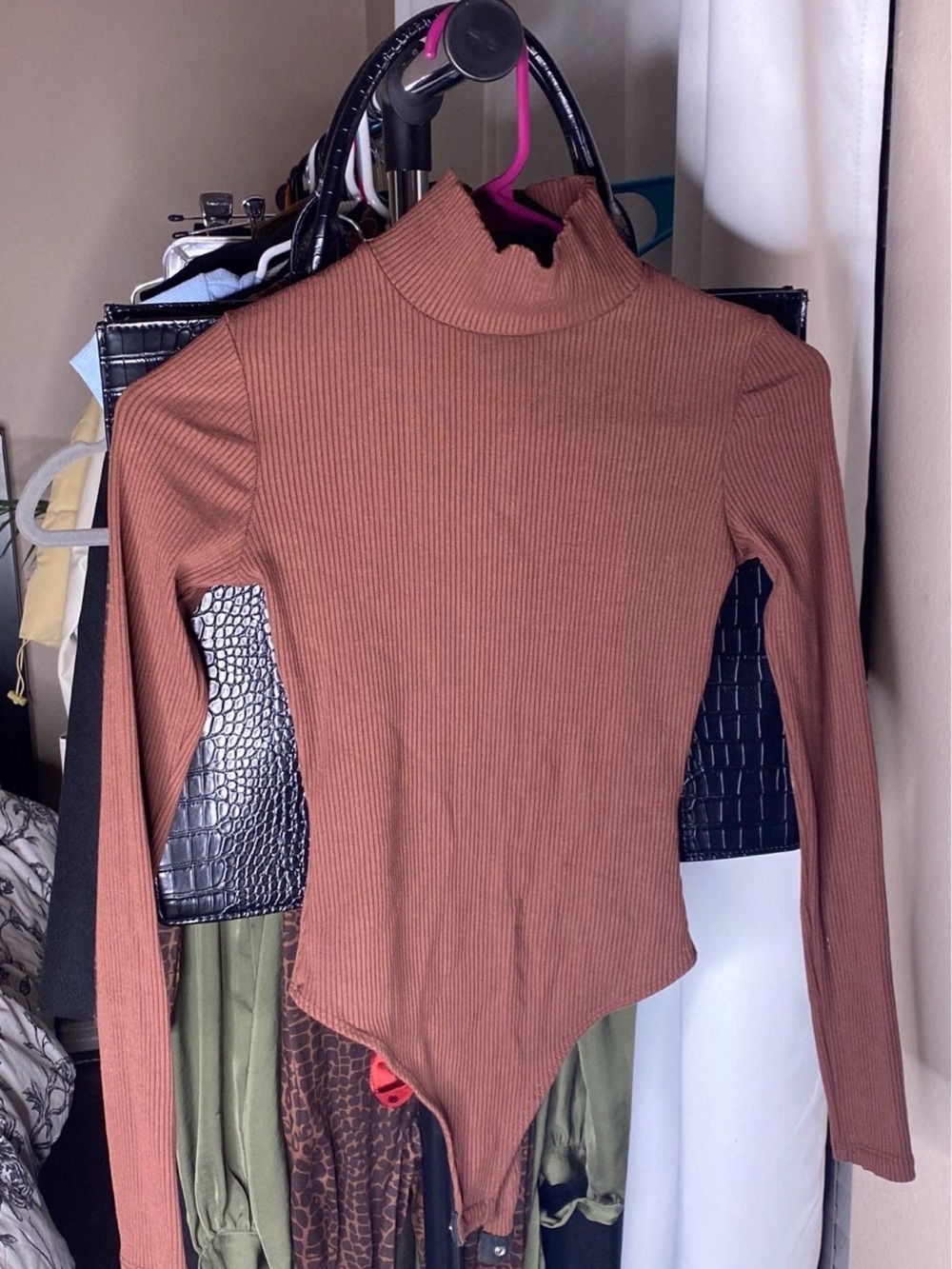 Fashion Nova Rust Brown Ribbed Long Sleeve Mock Neck Bodysuit